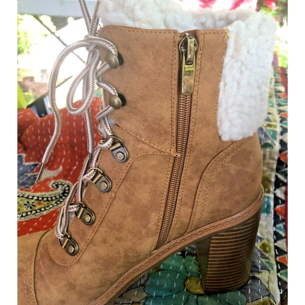Nine West Women's Brown Faux Fur Lace Up Booties Block Heel Side Zip 8.5M
